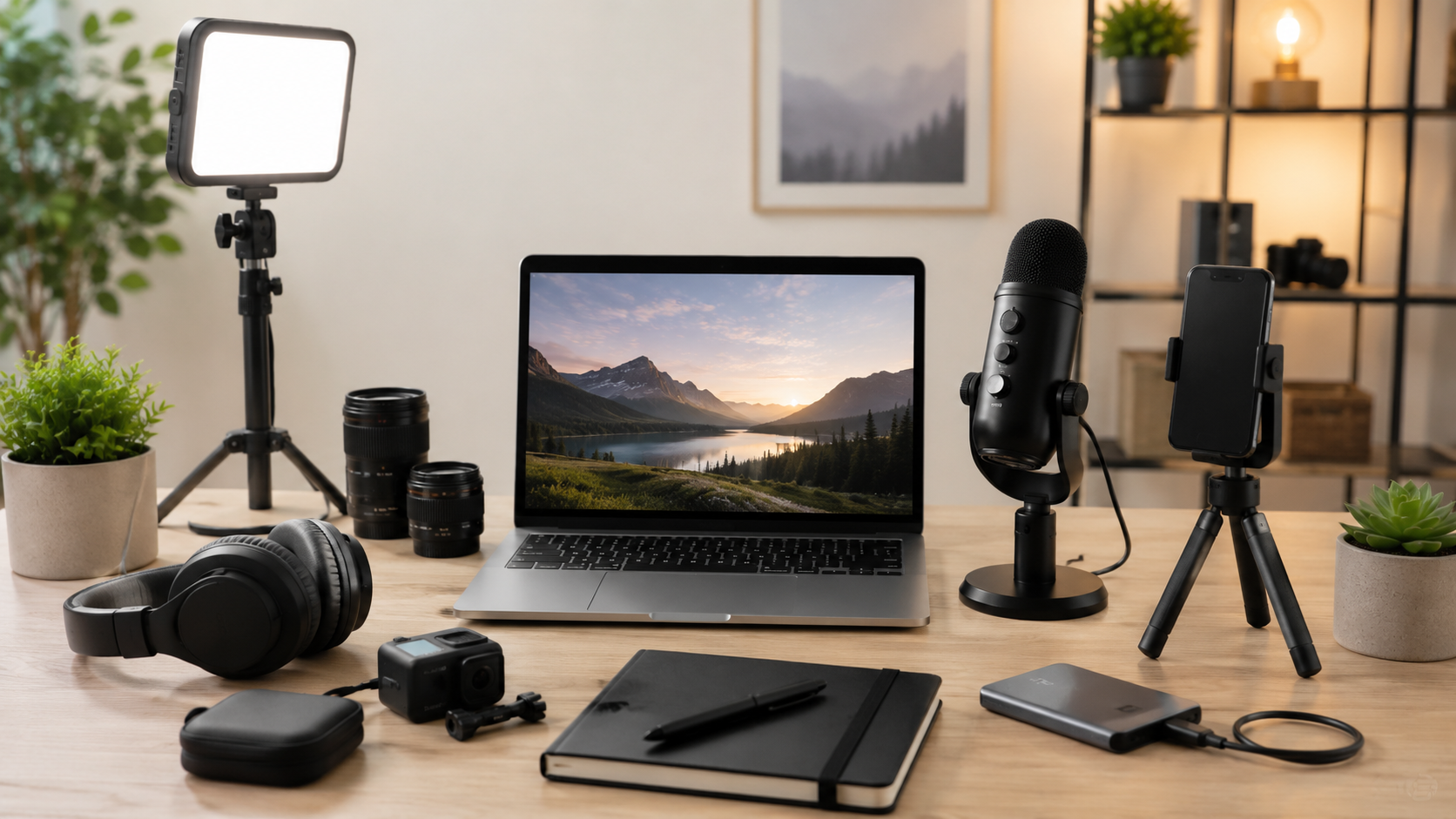 Prime Day creator gear watchlist with microphone, lighting, tripod, laptop, headphones, and desk accessories.
