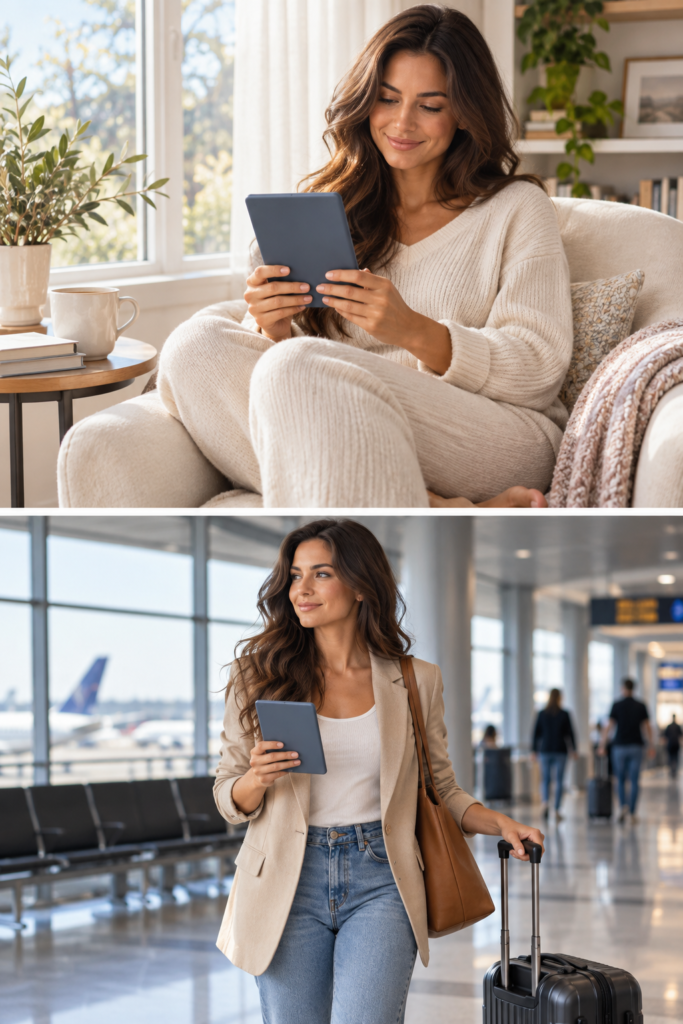 Tina Trends holding an e-reader while traveling through an airport with luggage.