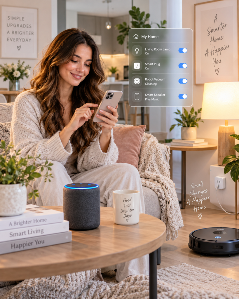 Tina Trends using smart home gadgets in a cozy living room with a smart speaker, smart plug, robot vacuum, and phone controls.