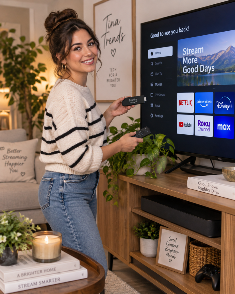 Tina Trends standing by a TV and holding a streaming device and remote during a home entertainment setup.
