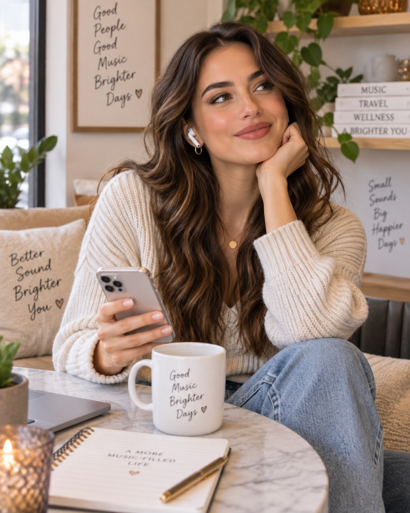 Tina Trends listening with wireless earbuds while holding her phone in a cozy everyday home setting.