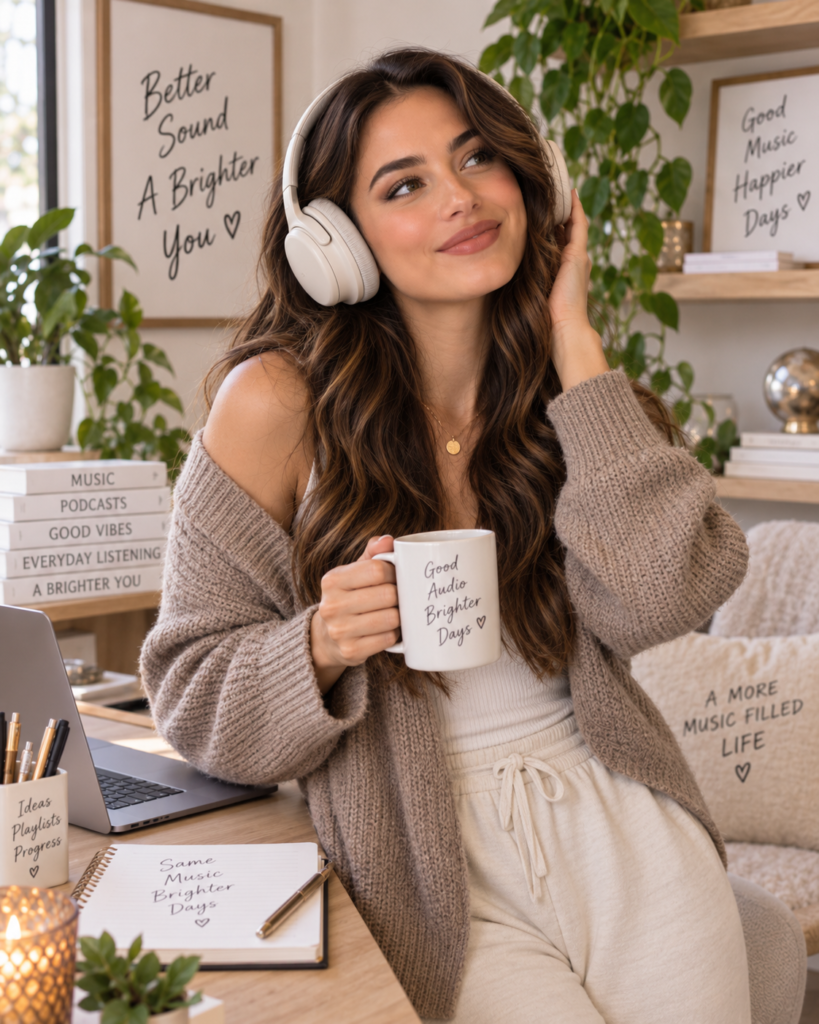 Tina Trends wearing wireless headphones and relaxing at home with a mug during everyday listening.