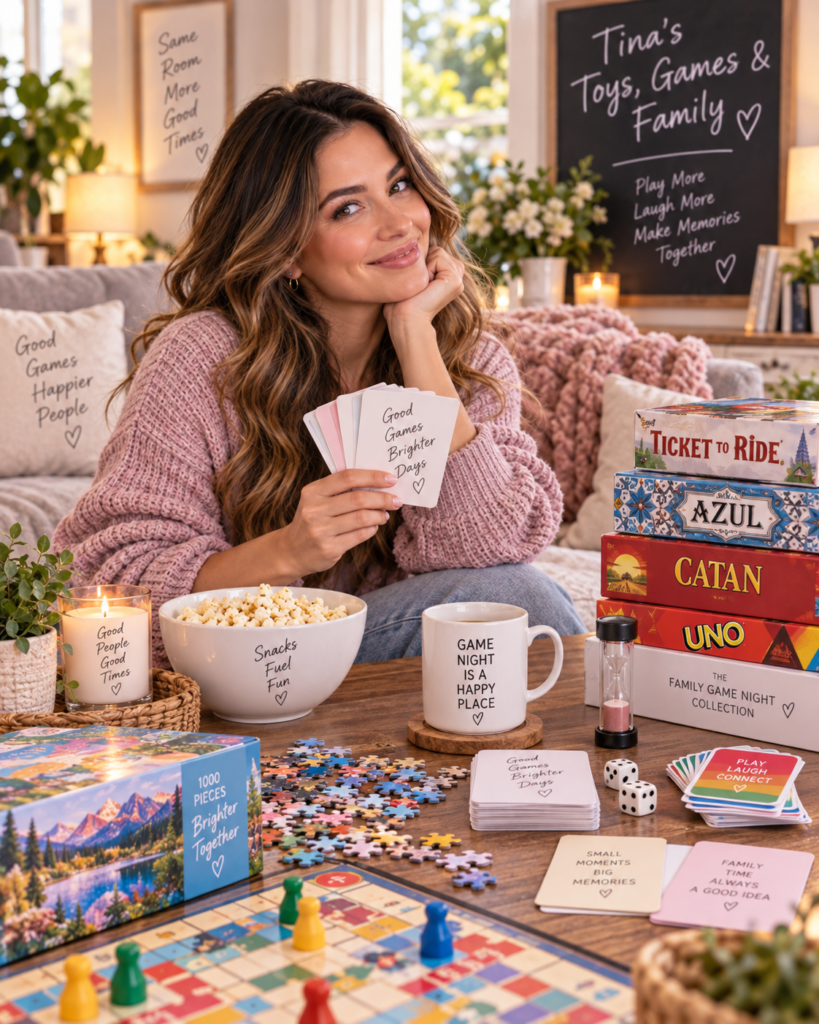 Tina Trends at an outdoor picnic with family games, a flying disc, board games, and playful outdoor activity gear.