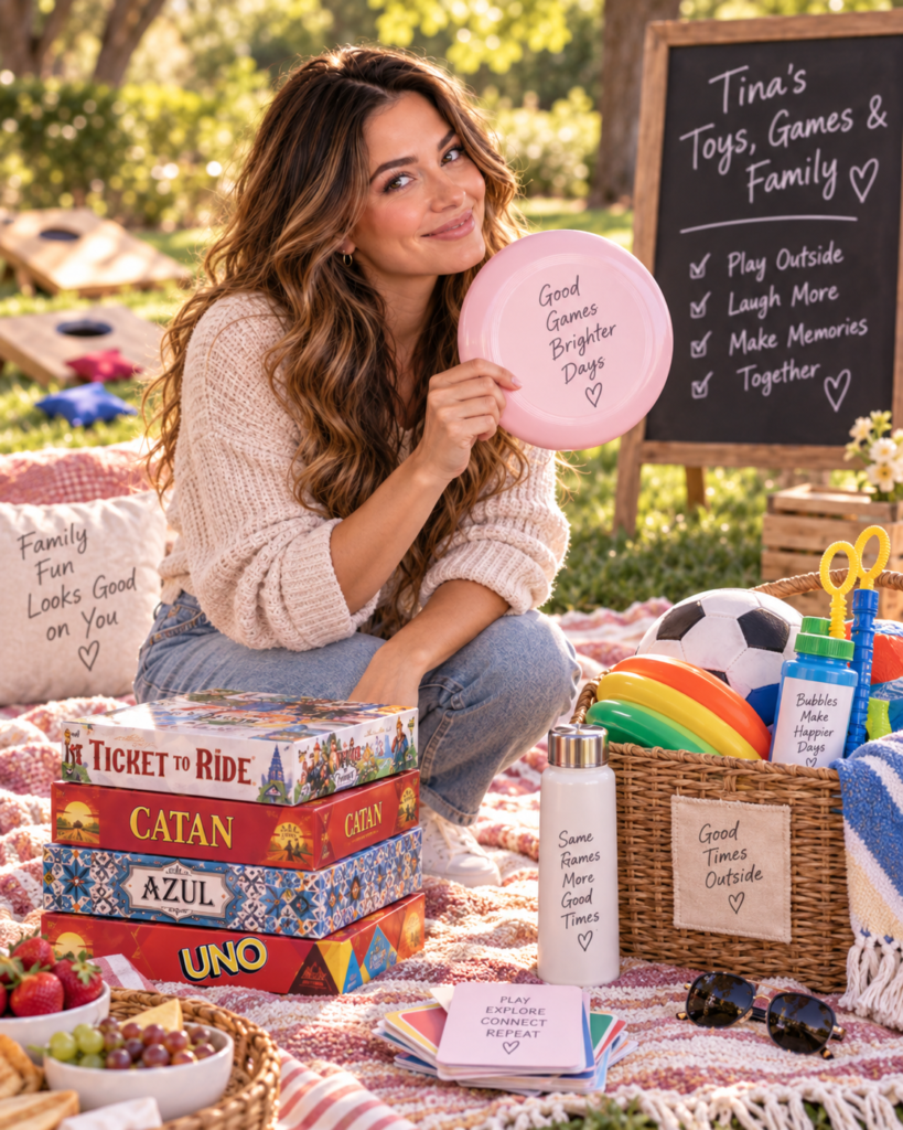 Tina Trends sitting in a bright playroom holding a puzzle box with toys, blocks, stuffed animals, and family-friendly play items nearby.