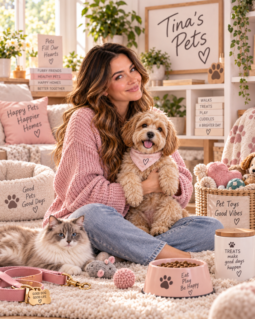 Tina Trends sitting on the floor at home with a fluffy dog and cat surrounded by pet toys, treats, and pet accessories.