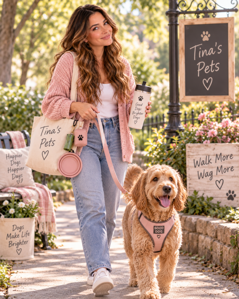 Tina Trends walking her dog outdoors with a leash, pet tote bag, and everyday dog-walking accessories.