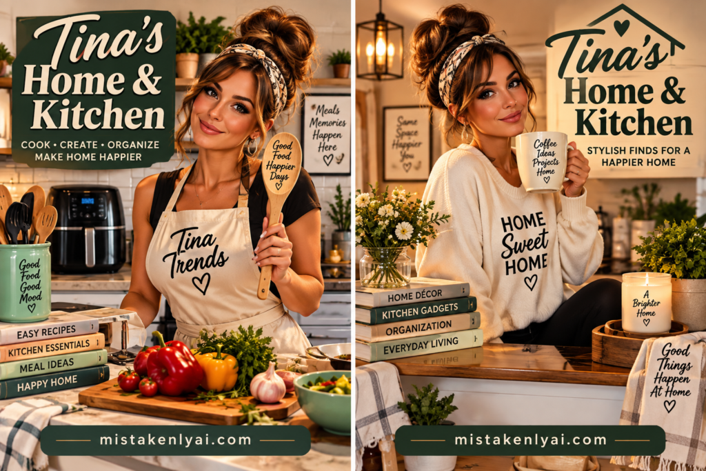 Tina Trends holding a coffee mug in a stylish kitchen surrounded by home decor, kitchen essentials, plants, and organization products.