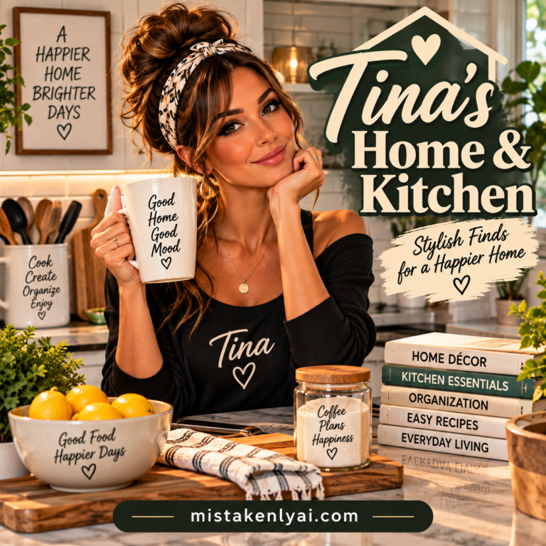 Tina Trends in a cozy kitchen surrounded by fresh ingredients, kitchen tools, cookbooks, and home cooking essentials.