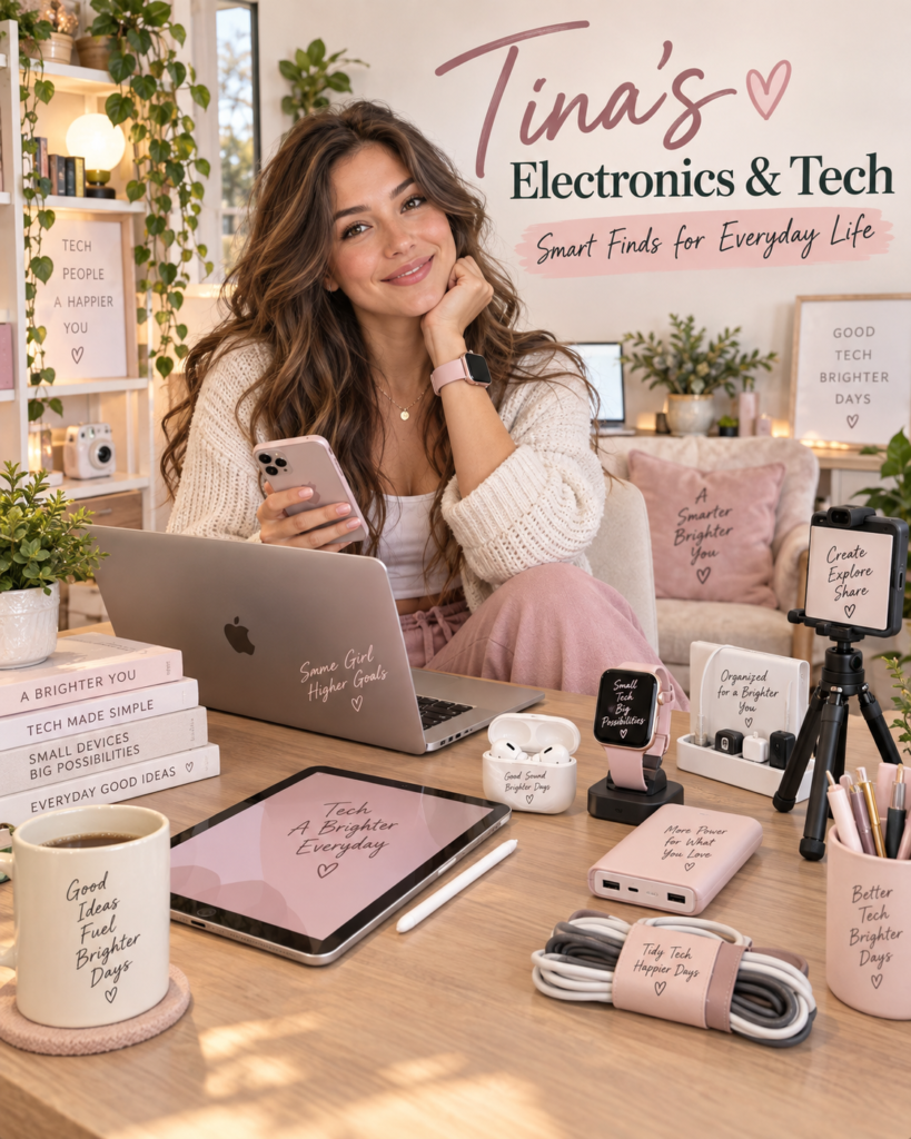Tina Trends relaxing on a couch with a tablet, laptop, headphones, smart speaker, and smartwatch in a cozy home setting.