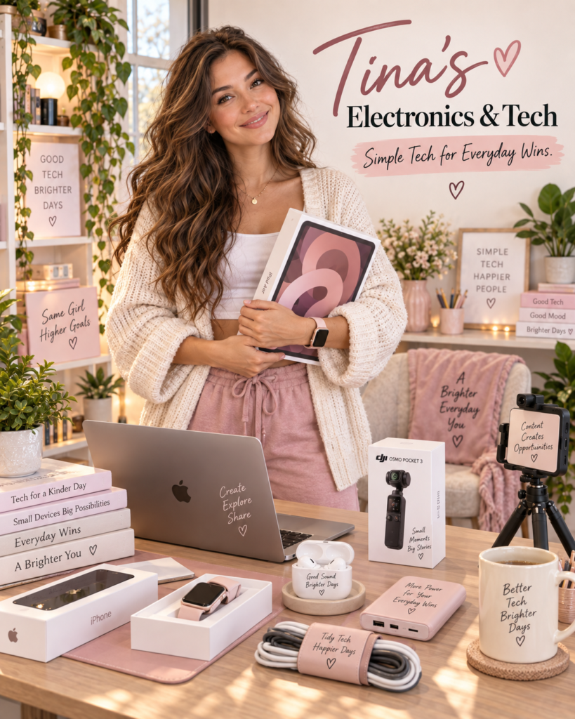Tina Trends sitting at a desk with a phone, laptop, tablet, smartwatch, earbuds, charger, and small tech accessories.