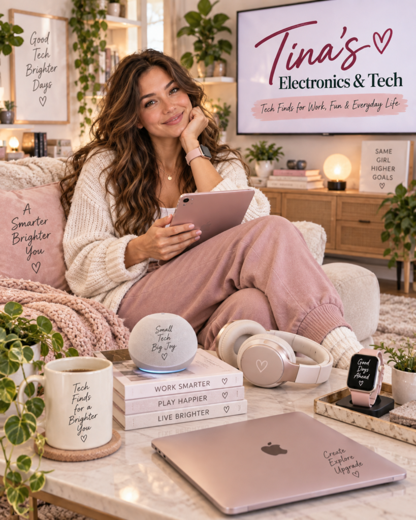 Tina Trends holding a tablet in a home tech setup with a laptop, smartwatch, earbuds, power bank, and creator gadgets.