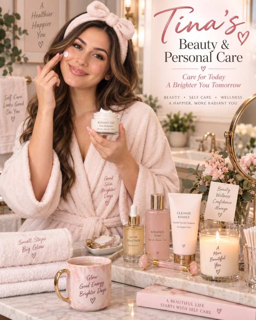 Tina Trends applying makeup at a vanity with a compact mirror, makeup brushes, lipstick, perfume, skincare, and hair accessories.