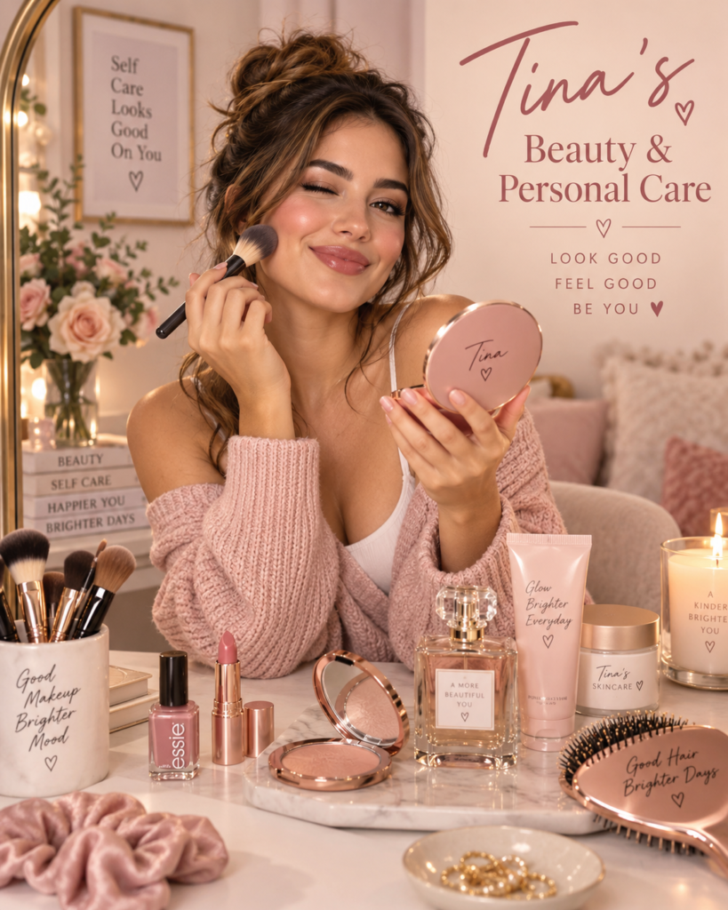 Tina Trends applying facial moisturizer in a cozy beauty setup with skincare products, towels, flowers, and self-care accessories.