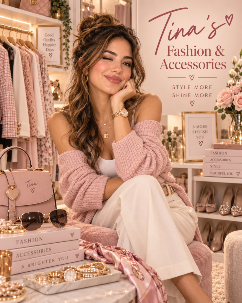 Tina Trends posing in a stylish fashion space surrounded by handbags, jewelry, shoes, and pastel clothing accessories.