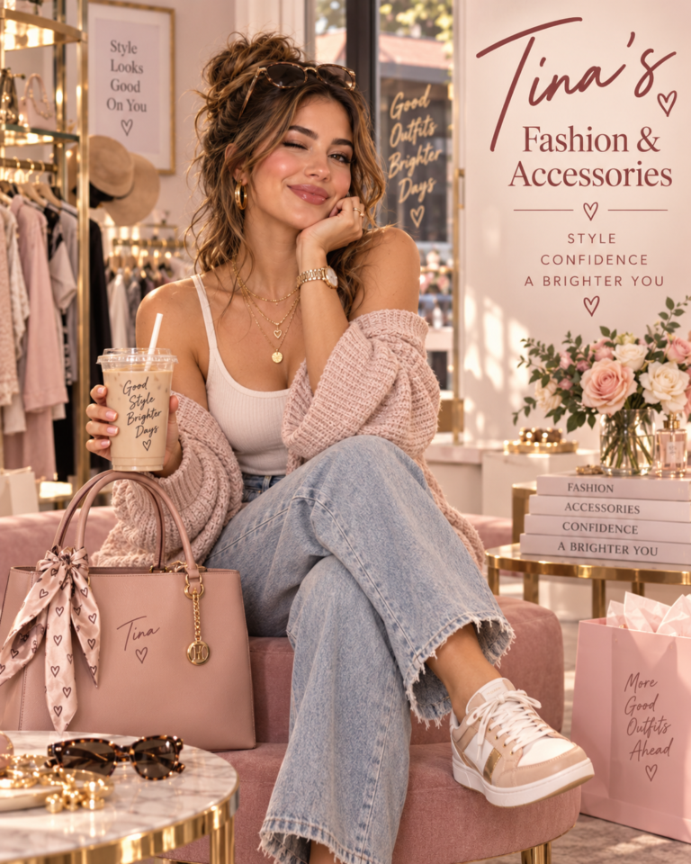 Tina Trends sitting in a boutique-style fashion setting with a handbag, iced coffee, jewelry, sunglasses, and casual outfit accessories.