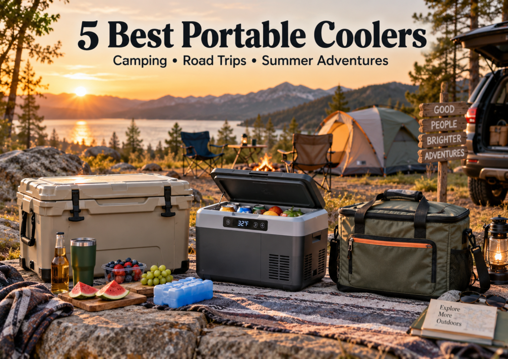 Lifestyle promotional image for a portable cooler roundup, showing adventure-ready cooler products styled for summer travel, camping, and outdoor road trips at sunset.