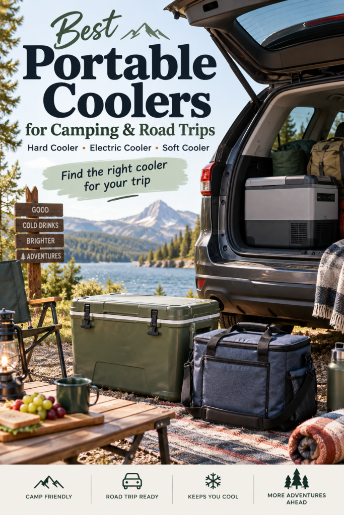 Collage-style promotional image for a blog post about the best portable coolers for camping, road trips, and summer adventures, featuring rugged cooler options in a mountain outdoor setting.