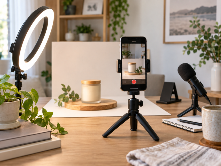 Smartphone on a tripod filming a product on a table with a ring light, microphone, and simple home studio setup.