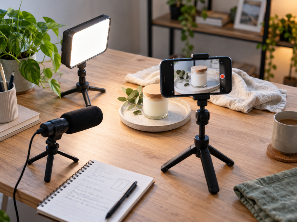 Home product video setup with smartphone, LED light, microphone, and tabletop product filming arrangement.