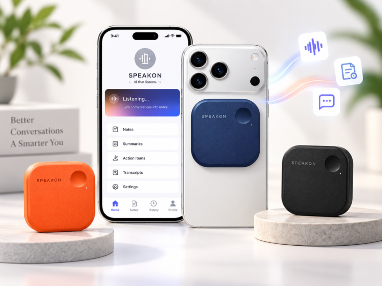 SpeakON magnetic iPhone accessory displayed with app interface and color options for AI voice notes, transcription, and communication.