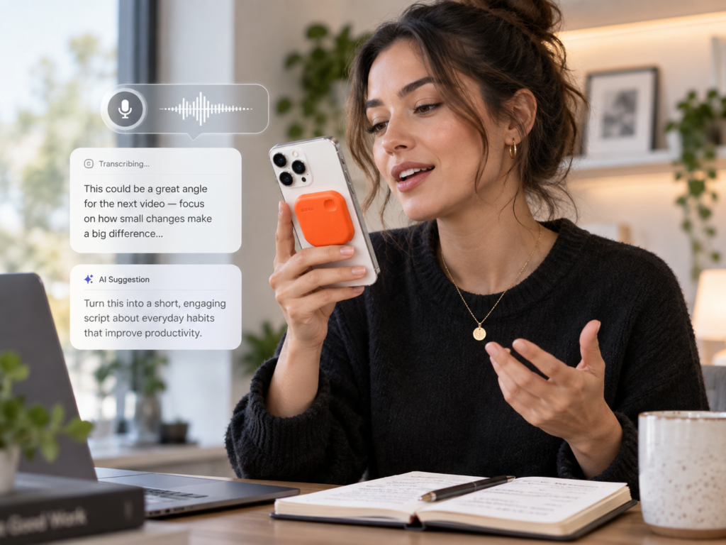 Woman using SpeakON on an iPhone while AI transcription and note suggestions appear on screen.