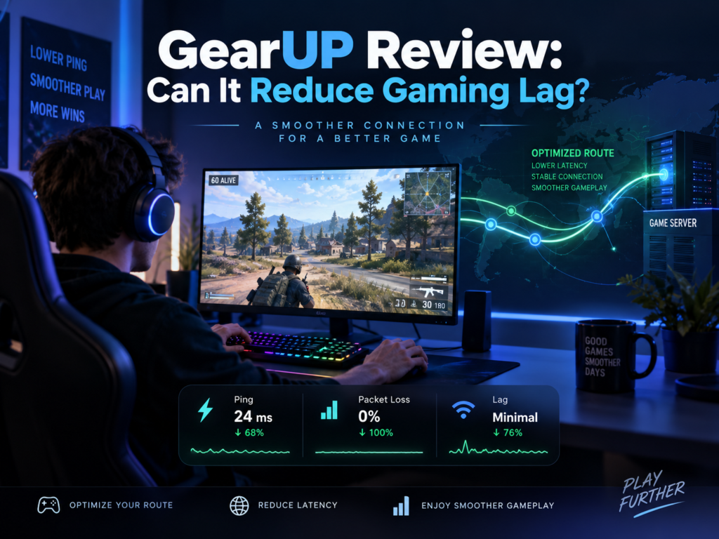 Gamer using a PC with network routing graphics showing ping, packet loss, and lag for a GearUP review.