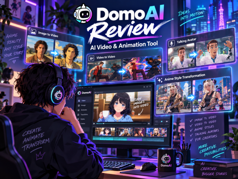 DomoAI review graphic showing a creator using AI tools for image-to-video, video-to-video, anime styles, and talking avatars.