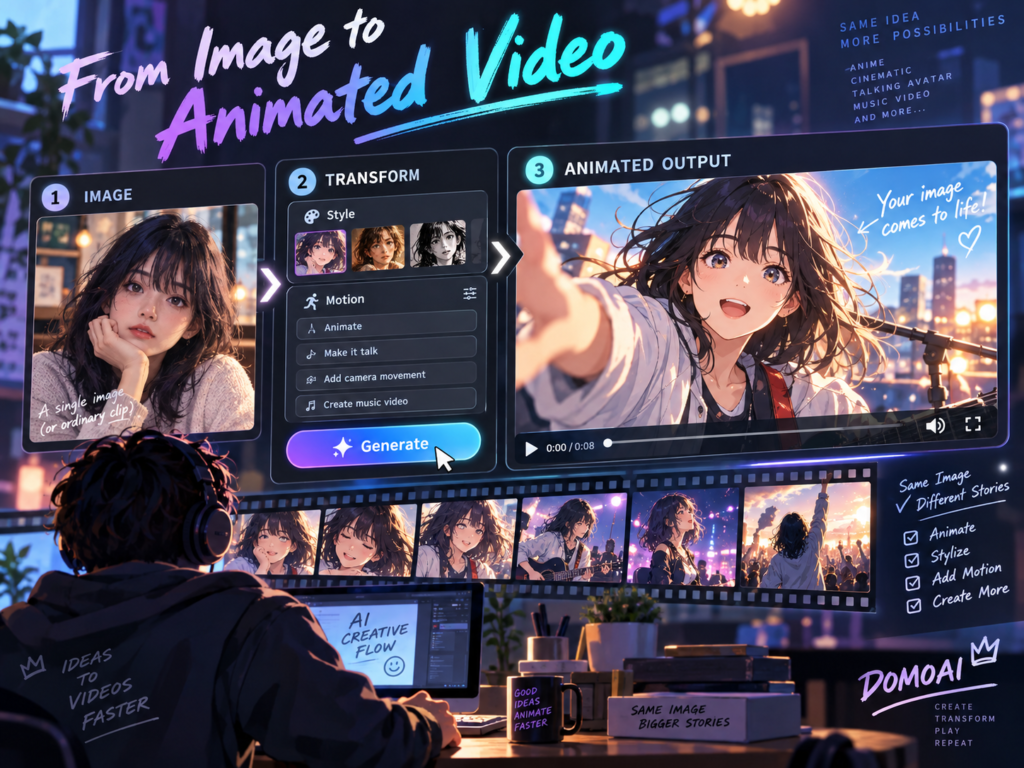 AI creator workflow showing a still image transformed into an animated video with style, motion, and video output steps.