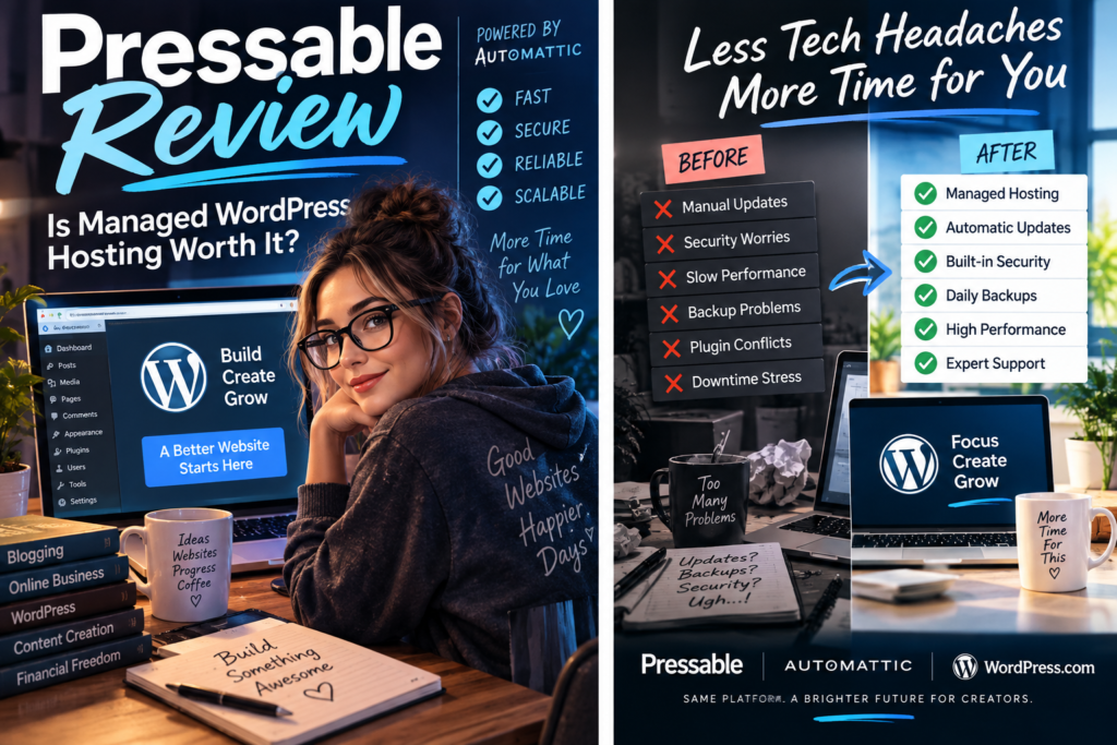 Pressable managed WordPress hosting graphic showing performance, security, backups, staging, and support features.