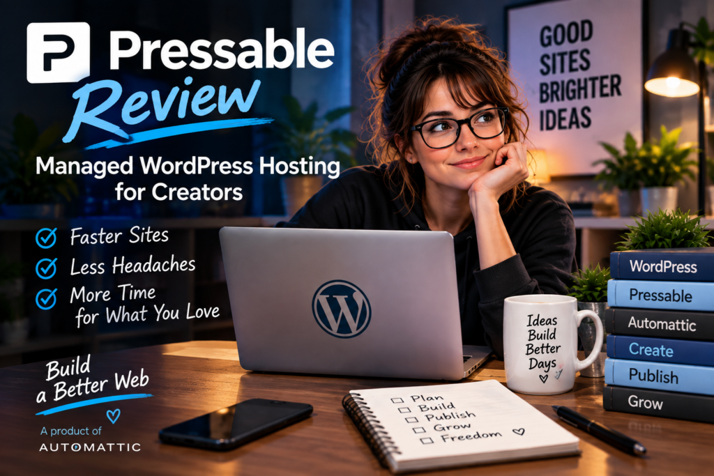 Creator at a laptop with Pressable and WordPress branding for a managed WordPress hosting review.