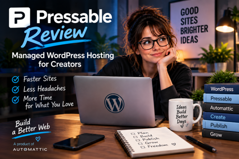 Creator at a laptop with Pressable and WordPress branding for a managed WordPress hosting review.