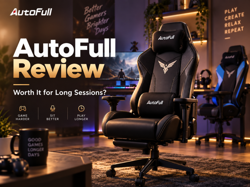 AutoFull gaming chair in a modern gaming setup for a review about long gaming sessions and desk comfort.