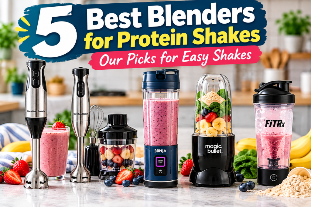Protein shake blenders with strawberries, bananas, spinach, ice and protein powder