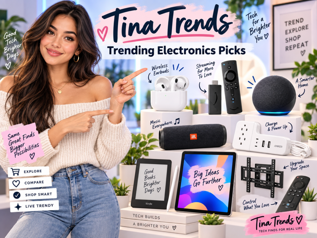 Tina Trends presenting wireless earbuds, a streaming stick, smart speaker, Bluetooth speaker, power strip, tablet, and e-reader.