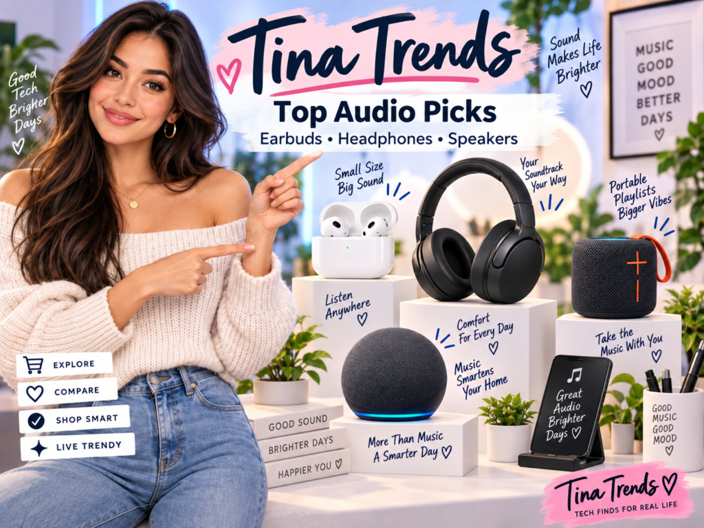 Tina Trends showcasing wireless earbuds, over-ear headphones, a portable Bluetooth speaker, and a smart speaker.