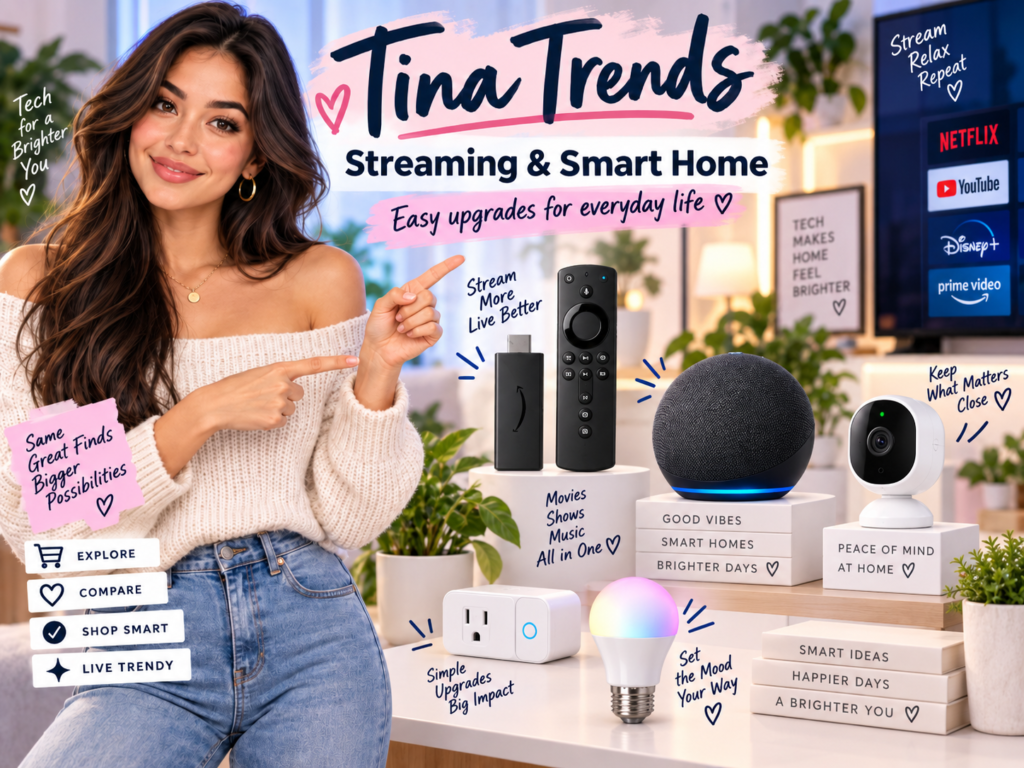 Tina Trends presenting a streaming stick, remote, smart speaker, security camera, smart plug, and smart light bulb.
