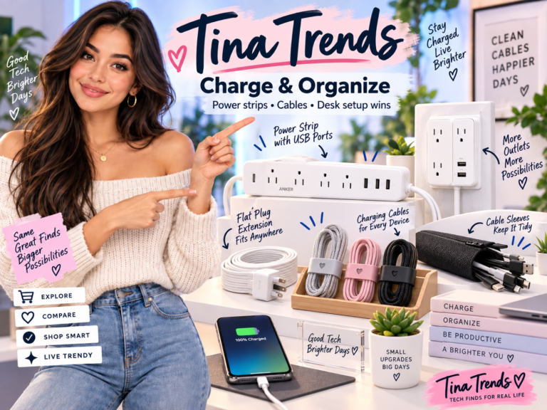 Tina Trends showcasing a power strip, charging cables, flat extension cord, wall outlet extender, and cable organizers.