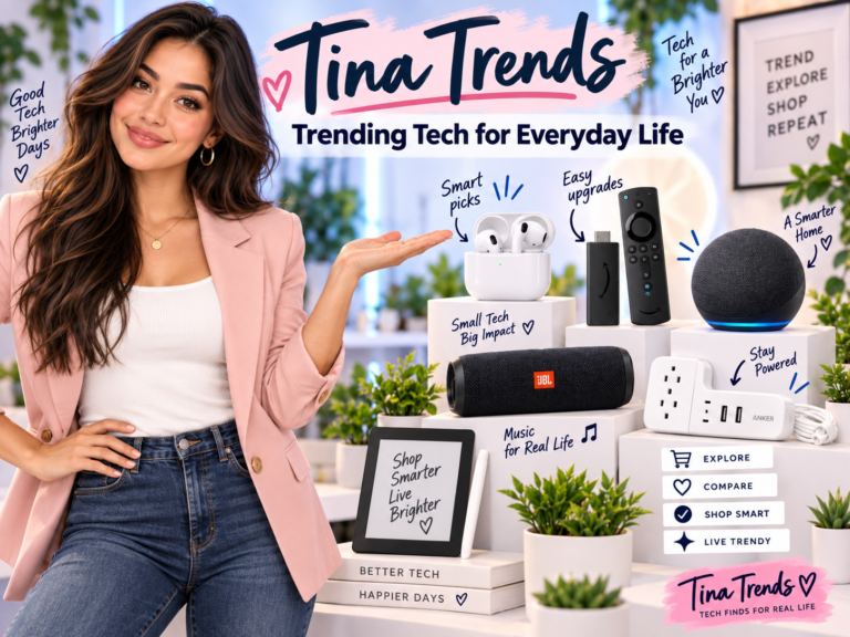 Tina Trends showcasing wireless earbuds, over-ear headphones, a portable Bluetooth speaker, and a smart speaker.
