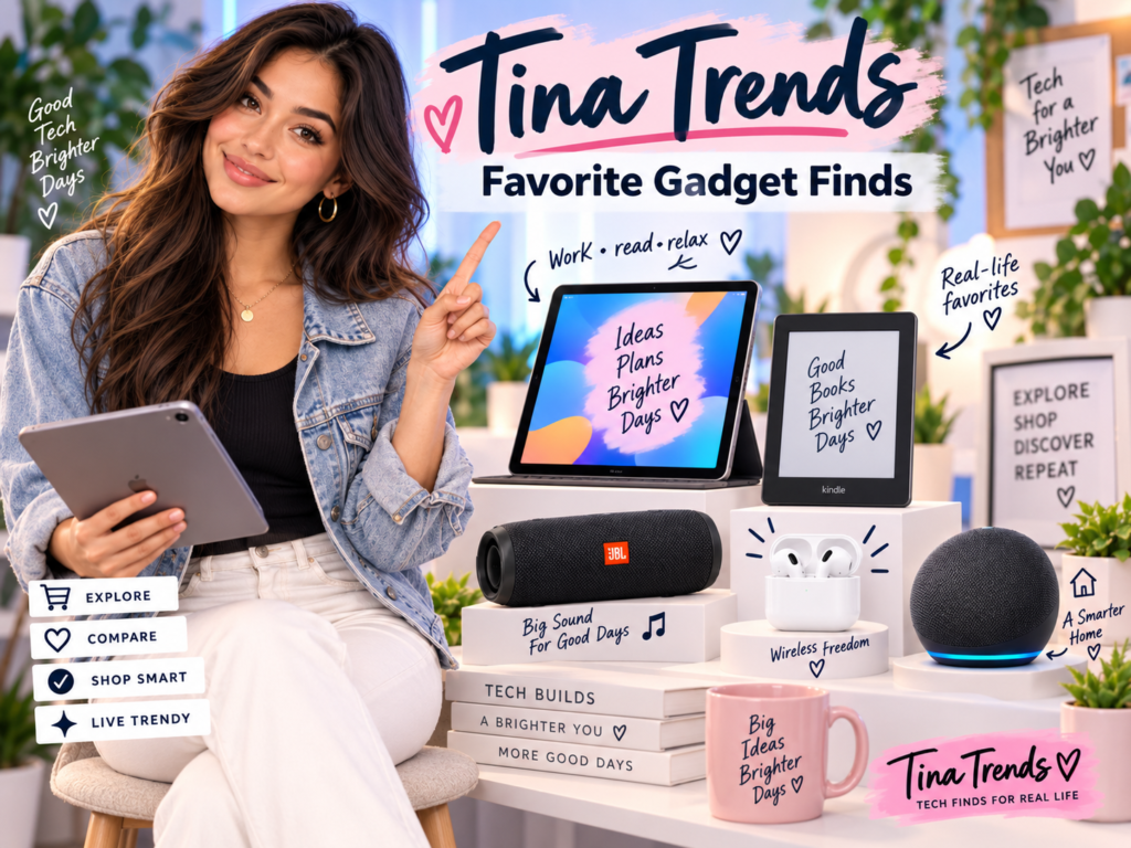 Tina Trends in a denim jacket holding a tablet beside an e-reader, portable speaker, wireless earbuds, and smart speaker.