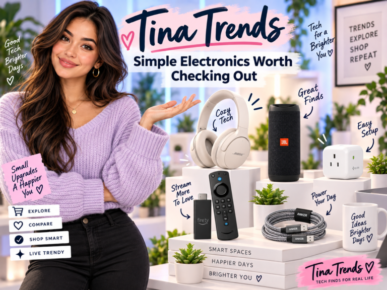 Tina Trends in a lavender sweater presenting headphones, a Bluetooth speaker, streaming remote, smart plug, and charging cables.