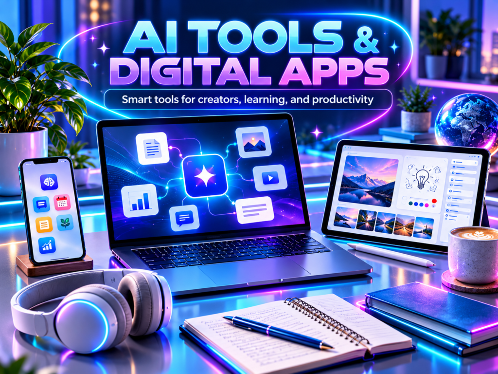 Neon AI tools and digital apps workspace with laptop, tablet, phone, headphones, and productivity graphics