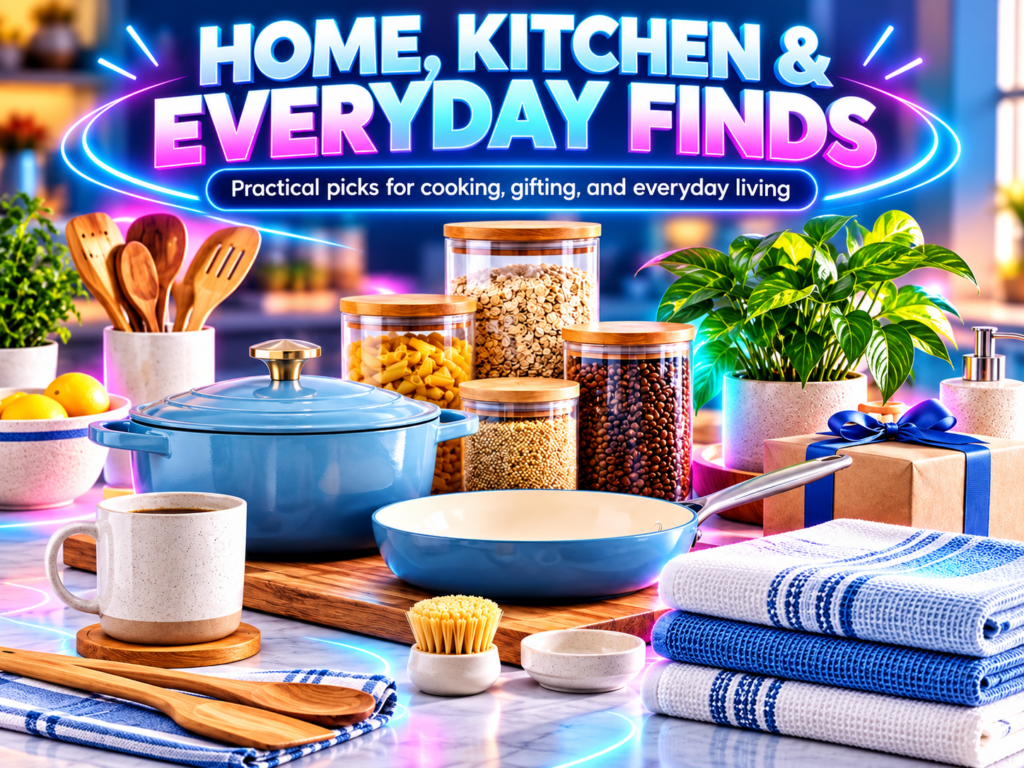 Neon home and kitchen finds with cookware, pantry storage, towels, gift box, and everyday household items