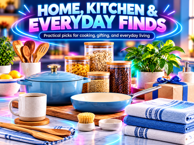 Neon home and kitchen finds with cookware, pantry storage, towels, gift box, and everyday household items