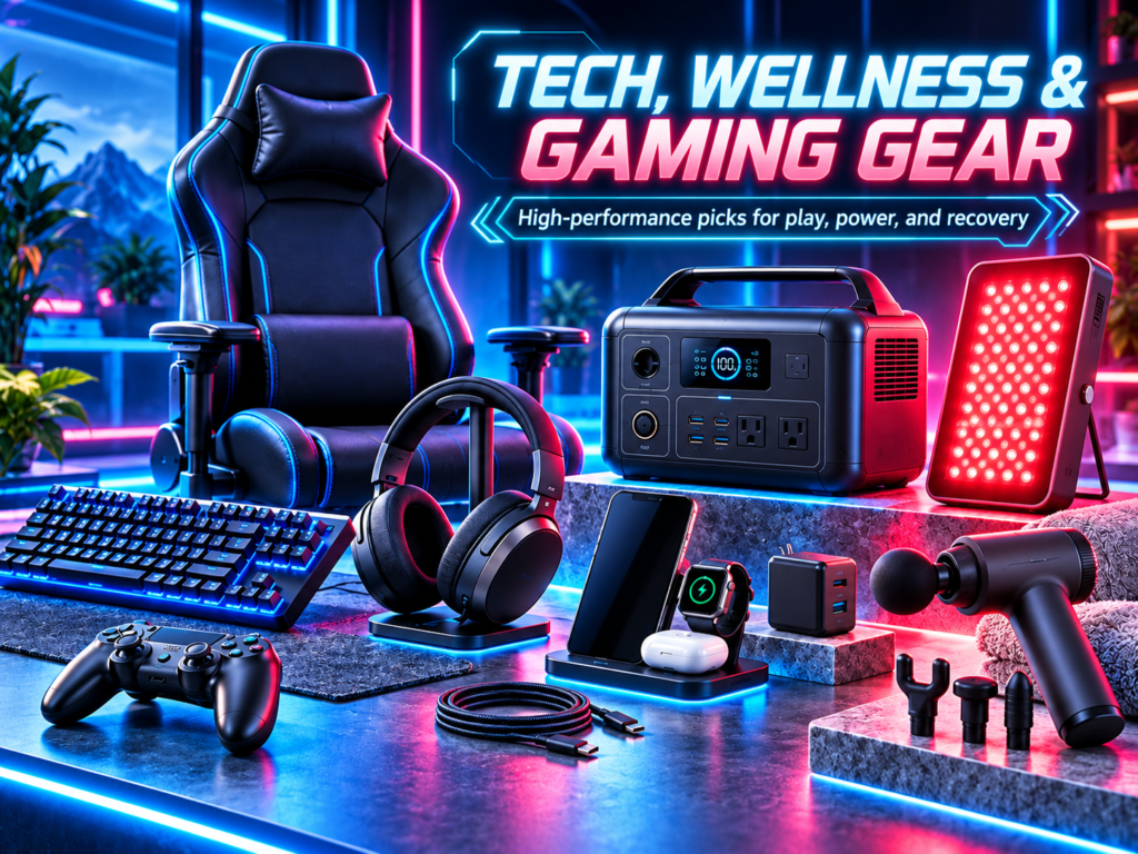 Neon tech, wellness, and gaming gear including gaming chair, power station, red light panel, headphones, controller, and massage device