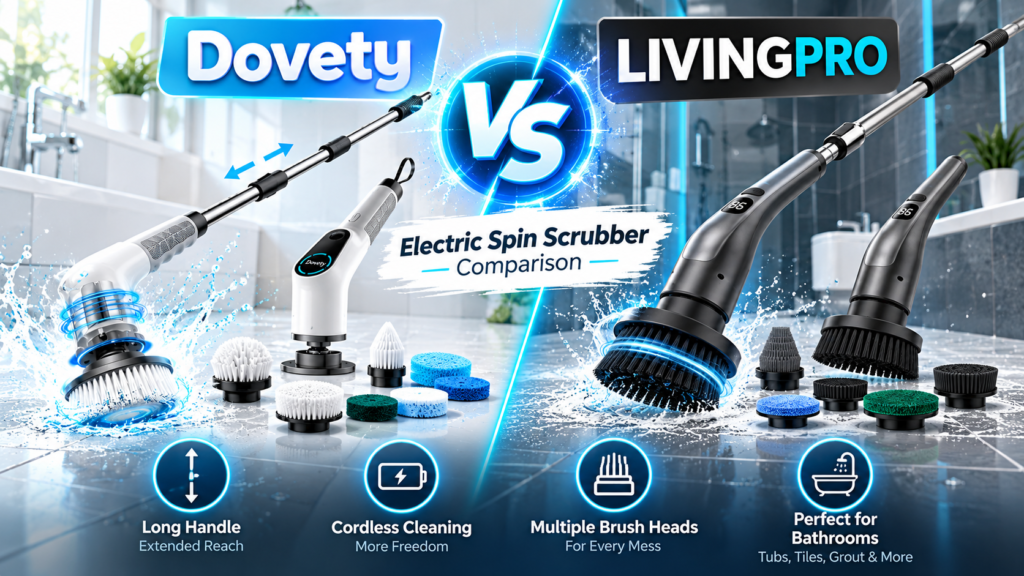 Dovety and LIVINGPRO cordless electric spin scrubbers compared by brush attachments, adjustable speeds, battery features, and bathroom cleaning uses.