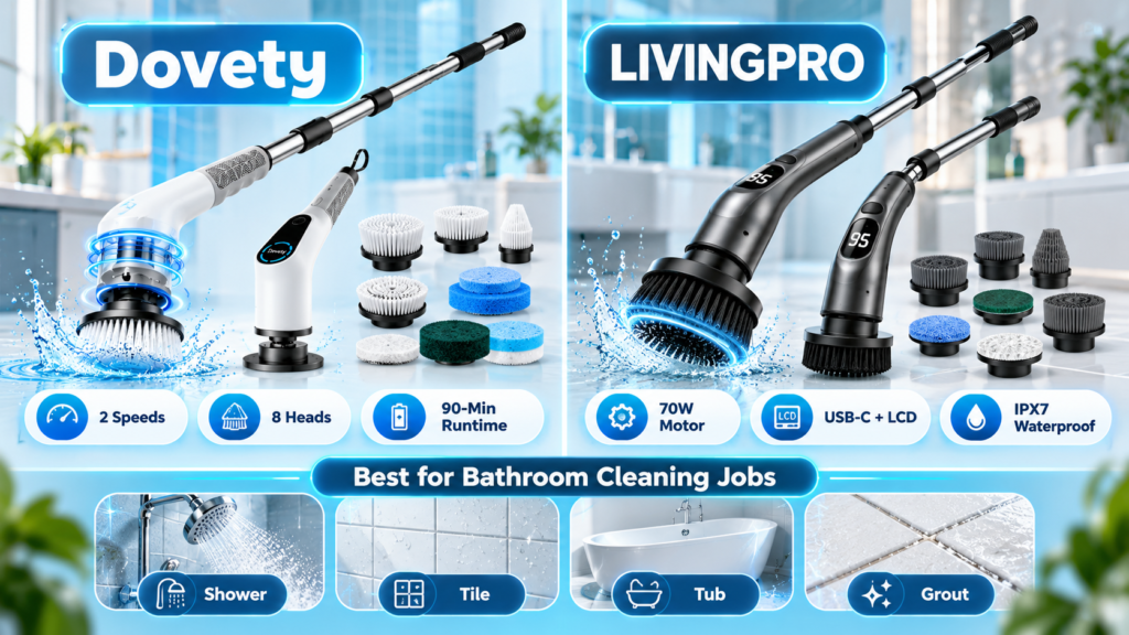 Dovety vs LIVINGPRO electric spin scrubber comparison showing two cordless bathroom cleaning brushes with extendable handles and interchangeable brush heads.