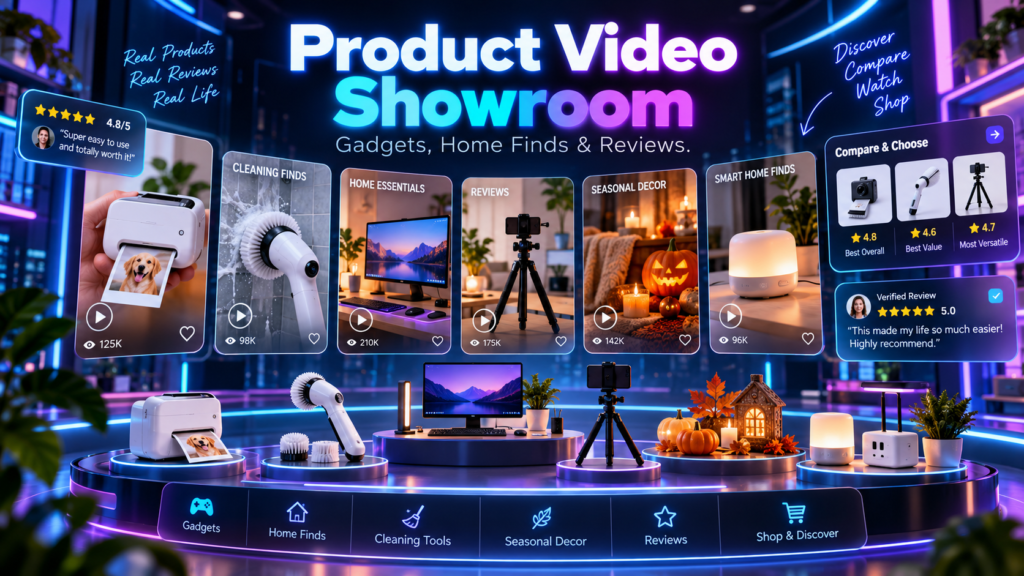 TimewasterAI Product Video Showroom featuring tech gadgets, electric spin scrubbers, camera accessories, home products, and seasonal finds in a neon digital display.