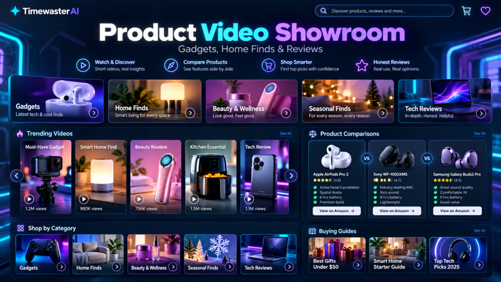 Futuristic TimewasterAI product discovery dashboard displaying gadget videos, home finds, beauty products, seasonal items, and tech review categories.