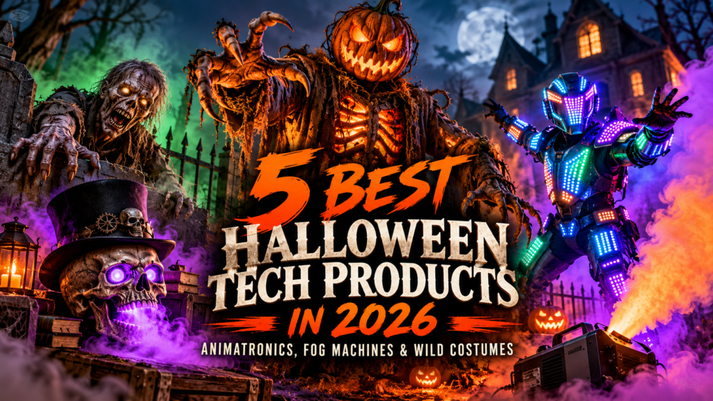 Halloween yard display with pumpkin animatronic, zombie, glowing robot costume, skull decoration, and colorful fog effects