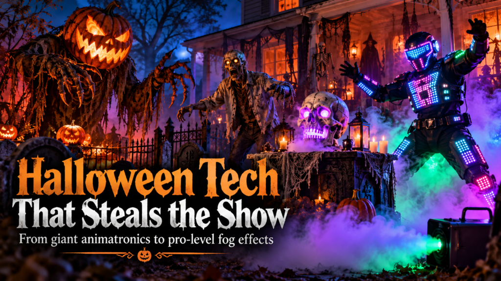 alloween tech products including a giant pumpkin animatronic, zombie prop, LED robot costume, skull fog effect, and fog machine